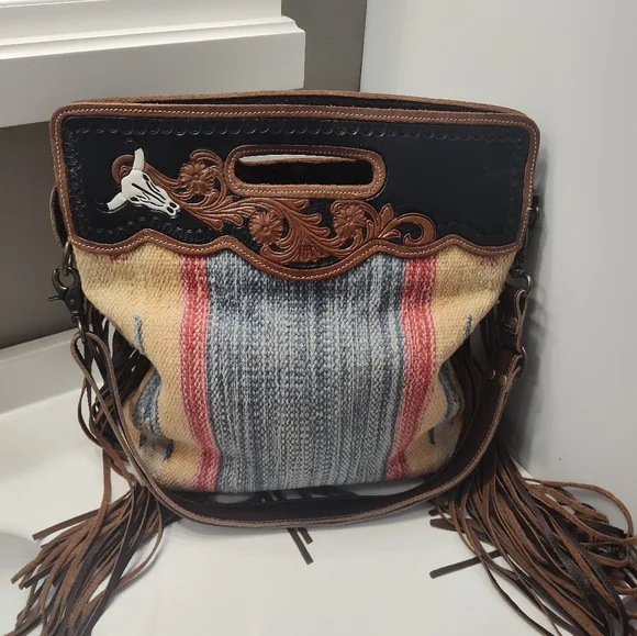 GUC Myra Bag Blue Stream Hand Tooled Fringe Crossbody Hand Carry Bag, Gorgeous - Picture 14 of 16